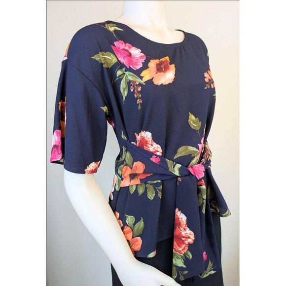West Kei Floral Blouse Medium P Navy Pink Orange Green Tie Waist Half Sleeve - Picture 2 of 12